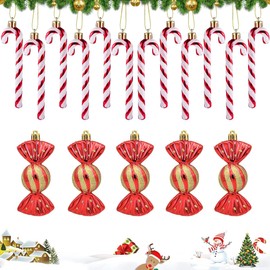 Pack of 17 Christmas Candy Cane, Candy Pendants, Christmas Tree Decorations, Glitter Christmas Tree Decoration, 12 Pieces, Red Candy Canes Pendants, 5 Pieces Red Christmas Baubles Pendants Christmas
