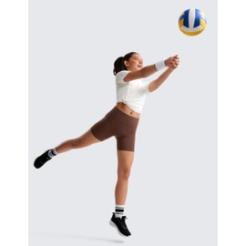 CRZ YOGA Girls Butterluxe Athletic High Waist Biker Shorts with Pockets - Lounge Active Dance Yoga Running Shorts Kids Teen Coffee Brown Small