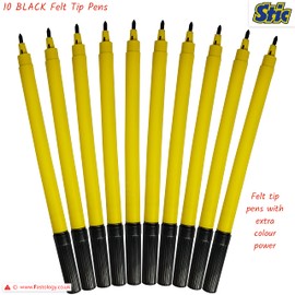 Felt Tip Pens, BLACK, VAI-STIX Colouring Drawing Pens, Pack of 10, Fibre Fine Point, Sketch Draw Write Mark, Home School Office Use, iVAIDEX Black Ball Pen