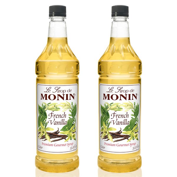 Monin - French Vanilla Syrup with Monin BPA Free Pump, Boxed, Versatile Flavor, Natural Flavors, Great for Coffees, Cocktails, Shakes, and Kids Drinks, Vegan, Non-GMO, Gluten-Free (1 Liter, 2-Pack)