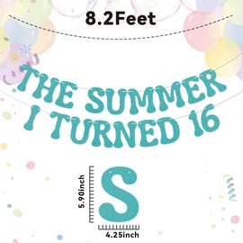 The Summer I Turned 16 Banner - Happy Sweet 16 Sign, Cheers to 16 Years, Summer Beach 16th Birthday Party Decorations Blue Glitter