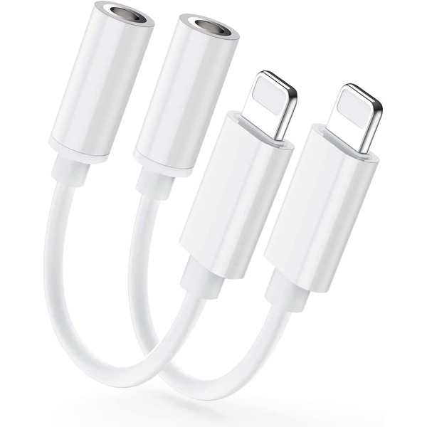 [Apple MFi Certified] (2 Pack Lightning to 3.5 mm Headphone Jack Adapter，iPhone 3.5mm Audio Aux Adapter Dongle Earphone Converter For 14/13/ 12/11/ XS Max/X/XR / 8/7/ 6 Supports all iOS white