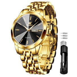 OLEVS Gold Black Watches for Men Waterproof Diamond Business Luxury Dress Analog Quartz Stainless Steel Luminous Day Date Two Tone Casual Men's Wrist Watches Gift