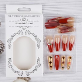 TULOBI Fall French Press on Nails Long Coffin Fake Nails Full Cover Winter Glue on Nails Acrylic Nails Red False Nails with Maple Leaf and Rhinestones Designs for Women 24Pcs/Set