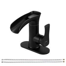 PARLOS Matte Black Single Handle Waterfall Bathroom Faucet with Swivel Spout, 1 Hole Vanity Sink Faucet with 6 inch Deck Plate and Water Supply Lines