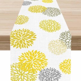 Yellow Dahlia Floral Table Runner, Farmhouse Spring Seasonal Boho Dahlia Pinnata Flower Modern Elegant Coffee Table Center Decor for Kitchen Dining Patio Holiday Party Table Decorations, 13"x36" Inch
