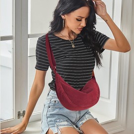 APMGONT Corduroy Crescent Bag for Women, Corduroy Hobos Crossbody Bag, Cross body Dumpling Bag with Adjustable Shoulder Strap for Travelling, Work, School and Daily Use (Burgundy)