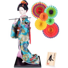 ALAMIYA Home Decoration Asian Japanese Geisha Kimono Doll Collectible Figurine Gift with Paper Fan Green