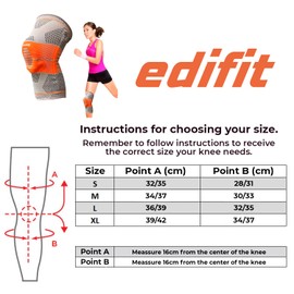 EDIFIT, Knee Support for Men and Women, Knee Support, Crossfit, Meniscus, Compression, Adjustable, with Side Stabilisers and Gel Pads (Orange, M)