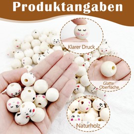 KAOTPO Wooden Beads with Face, Pack of 120 Wooden Balls with Hole, Wooden Beads with 15 Different Smiles for DIY Crafts, Bracelets and Necklaces