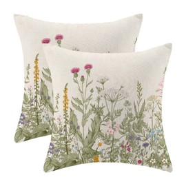 AEIOAE Spring Pillow Covers 18 X 18 Inch Set of 2, Farmhouse Wildflower Green Throw Pillow Covers Floral Plant Outdoor Decorative Pillows for Couch Home Sofa Living Room