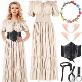 Ramede 9 Pcs Medieval Fairy Renaissance Costume Accessories for Women Elf Dresses Irish Witch Costume Outfit(X-Large,Beige)
