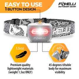 Foxelli LED Headlamp Flashlight for Adults & Kids, Running, Camping, Hiking Head Lamp with White & Red Light, Comfortable Headband, Lightweight & Waterproof, 3 AAA Batteries