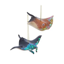 The Bridge Collection Set of 2 Beautiful Resin Manta Ray Ornaments - Blue & Coral Stingrays with Glitter Accents for Coastal Sea Life Decor