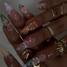 30Pcs Colorful Flower Press on Nails Medium Almond Fake Nails with 3D Summer Floral Pearl Diamond Design Glue on Nails French Tip False Nails Gold Beads Acrylic Nails Stick on Nails for Women