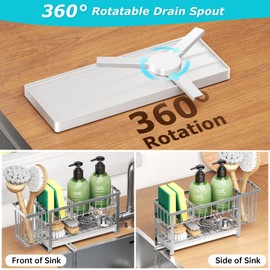 Liuoud Sponge Holder for Kitchen Sink, 2 Tier Sink Caddy Organizer Countertop with Dish Brush Holder and 360° Drain Tray, Rustproof Stainless Steel Dish Soap Storage Rack Set for Accessories Silver