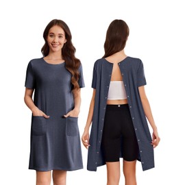 Deyeek Hospital Gowns for Women Tear Away Snap Open Back Post Partum Dress Short Sleeve Patient Gown With Pockets Navy M