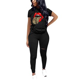 Nimsruc Women 2 Piece Tracksuit Outfits Casual Sports Short Sleeve Pullover Hoodie Sweatsuits Black XL