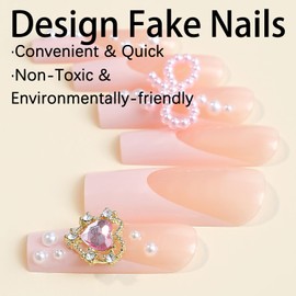FOXIIU Press on Nails Coffin Long Length Glossy Full Cover Acrylic Coffin Shape Pink French False Nails with Charms Artificial Square Fake Nails with Gems Designs Stick on Fingernails for Women Girls