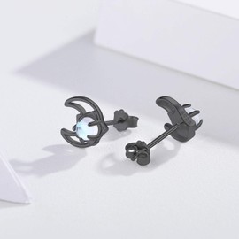 Moonstone Star Earrings Moon Earrings Set 925 Sterling Silver Rainbow Moonstone Stud Earrings for Women Kids Moon and Star Stud Earrings for Girls (Black Gold-Moon)