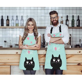WONDERTIFY Black Cat Apron,Pink Hearts and Cute Cartoon Cat Blue Background Bib Apron with Adjustable Neck for Men Women,Suitable for Home Kitchen Cooking Waitress Chef Grill Bistro Baking BBQ Apron