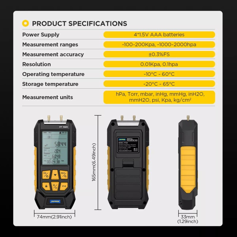 AUTOOL Portable Digital Manometer Dual Port Air Vacuum Pressure Gauge