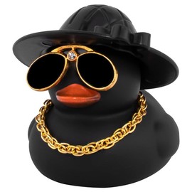 wonuu Car Dashboard Rubber Duck Ornament, Car Decoration Ducks with Mini Hat Necklace and Sunglasses, M-Black-Flower Hat