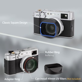 Square Metal Lens Hood for Fuji X100VI Camera Accessories Black with 49mm UV Filter Adapter Ring Haoge LH-X54B