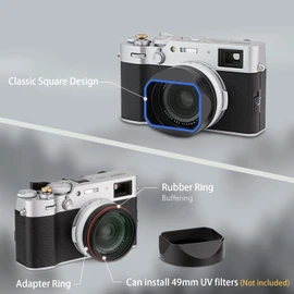 Square Metal Lens Hood for Fuji X100VI Camera Accessories Black with 49mm UV Filter Adapter Ring Haoge LH-X54B