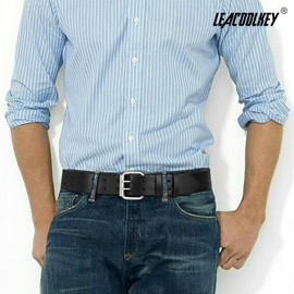 LEACOOLKEY Double Prong Leather Belts for Men PU Leather Work Belt For Jeans,2 Holes Casual Leather Belt for Men,Black，Fits Pants Size up to 52"