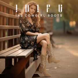 IDIFU Tan Cowboy Boots for Women Cowgirl Boots Western Boots Mid Calf Chunky Low Heel Pointed Toe Embroidered Country Boots Cute Fashion Booties for Women Dress Wedding Heeled Boots(Tan, 7)