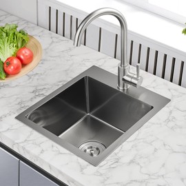 ROVOGO 15"x17"x8" Drop in Kitchen Bar Sink Single Bowl, Black Prep Sink 304 Stainless Steel, 1-Hole Small Wet Bar Sink Top Mount with Drain Assembly