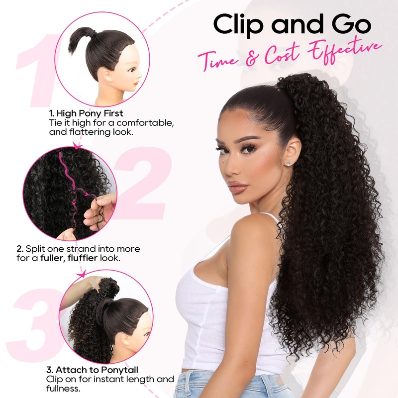 Ponytail Extension - 26" Long Curly 2-in-1 Claw Clip &