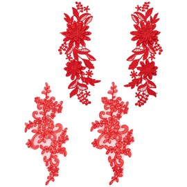 HOBBIESAY 2 Styles Flower Embroidery Lace Applique Red Polyester Floral Patch Iron on Repair Patches Sewing Craft Decoration Appliques for Wedding Dress Gown Bodice Costume Clothing Craft DIY