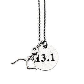 13.1 RUNNING GIRL Pewter Necklace - Pewter Running Girl Stick Figure Charm and Pewter Round 13.1 Pendant on 18 inch Gunmetal Chain