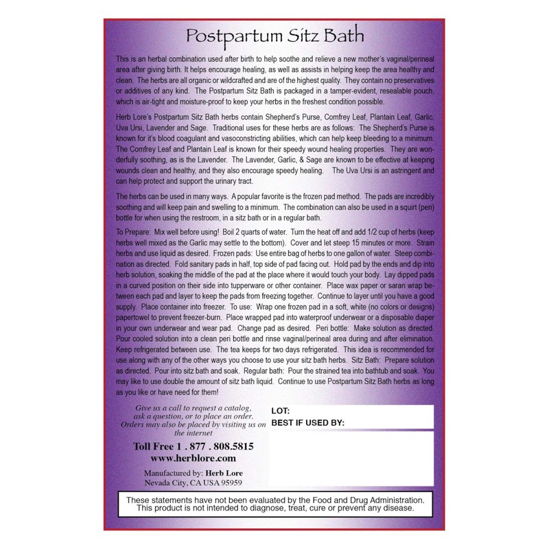 Herb Lore Organic Postpartum Sitz Bath - Helps Heal and