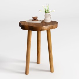 JOLLYMER Natural Teak Wood Live Edge Side Table 14.8" x 15.7" x 19.5" with Wood Legs – Rustic Side Table for Living Room, Bedroom – Sturdy Real Teak Wood End Table, Easy to Assemble