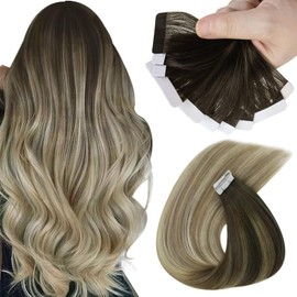 Sunny Hair Tape in Hair Extensions Real Human Hair Invisible Remy Hair Extensions Tape ins for Women Dark Brown Balayage Dark Golden Blonde Highlight Platinum Blonde 22 inch 25G