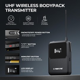 Phenyx Pro Wireless Bodypack Transmitter, UHF True Diversity Bodypack with 3-Pin XLR Jack, Selectable Phantom Power, Mute & Lock Function, Compatible with PTAU-2 Wireless Microphone System (PWB-A2)