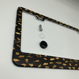 Supdanautodechere Black and Gold Leopard Spot Print License Plate Frame Cover, Matte White Powder Coated Stainless Steel, Animal Print Auto Car Tag Frame with 2 Holes & Free Screws
