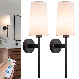 Battery Operated Wall Sconce with Remote,White Fabric Shade Wall Sconce Set Of 2 Battery Powered Sconces Wall Lighting Indoor Wireless Dimmable Wall Lamp with 3 Color Temp Bulb for Bedroom Living Room