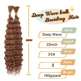 FanLin Deep Wave Bulk Hair for Boho Braids 3Packs 22inch 160g No Weft Synthetic Braiding Hair Water Wave Brazilian Virgin Curly Hair Extensions (Deep-30#, 22inch)