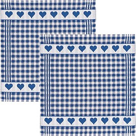 Kracht Terry Tea Towel Pack of 2 Terry Cotton Jacquard Checked Heart Blue Size 50 x 50 cm