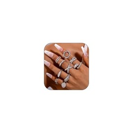 3/4/5/8/10Pcs Chunky Gold Rings for Women,Trendy Exaggerated Geometric Finger Ring Adjustable Stackable Braded Waterdrop Ball Open Rings Set Fashion Minimalist Statement Rings Jewelry (Silver C)