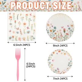 96 Pcs Wildflower Party Supplies,Disposable Tableware Set,Include Plates Forks and Napkins,Floral Paper Plates Set for Summer Spring Birthday Baby Shower Wedding,Serves 24