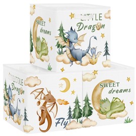 Clastyle 3 pcs Dinosaur Cube Storage Unit Boxes Volcano Kallax Box for Shelves Parents Storage Baskets for Book Clothes Toy Organizer, Dragon, 11.8x11.8x11.8 in