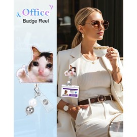 JoySolar Funny Badge Reel Retractable - Funny Crying Sad Cat Retractable ID Name Card Badge Reel Holder with Alligator Clip, Nurse Office Medical Worker Student Accessories Gifts
