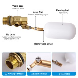 MUALROUS 1/2 Inch Brass Valve with Plastic Float Water Float Valve with Adjustable Arm Automatic Filling Float Ball Valve for Water Tank Fountain Livestock Waterer (1)