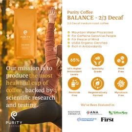 Purity Coffee BALANCE 2/3 Decaf Medium Roast Whole Bean Coffee (12oz Bag) - Specialty-Grade Mountain Water Processed Decaf + Regular Arabica Blend- USDA Certified Organic Decaffeinated - Third Party Tested for Mold, Mycotoxins, Pesticide Residue