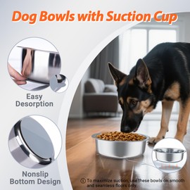 Stainless Steel Dog Bowls with Suction Base 2 Pack,Non-Slip Pet Food and Water Bowls Set with One Slow Feeder Insert for Tile/Hardwood/Smooth Floors